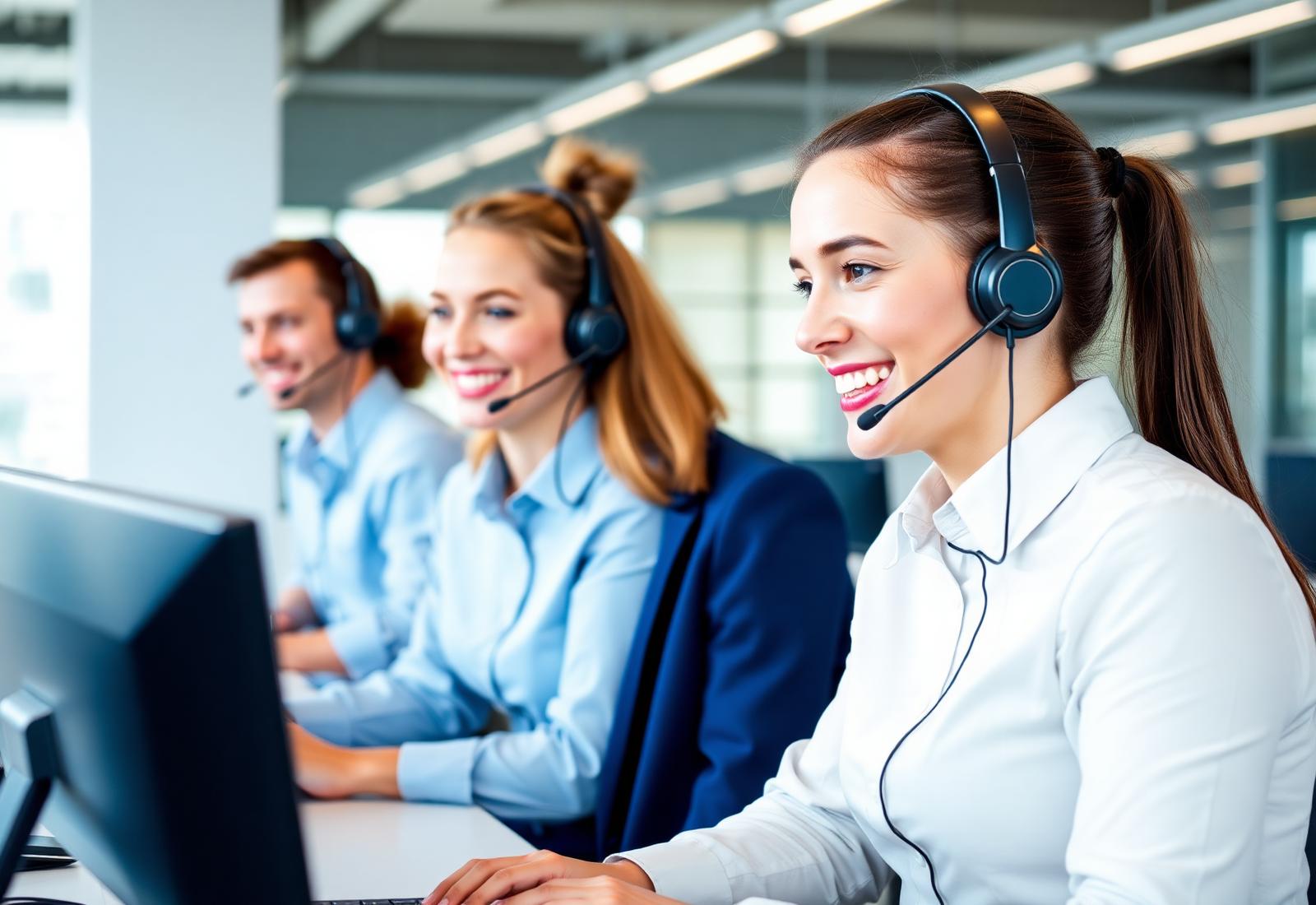 Equipe de atendentes humanos sorrindo com headsets
